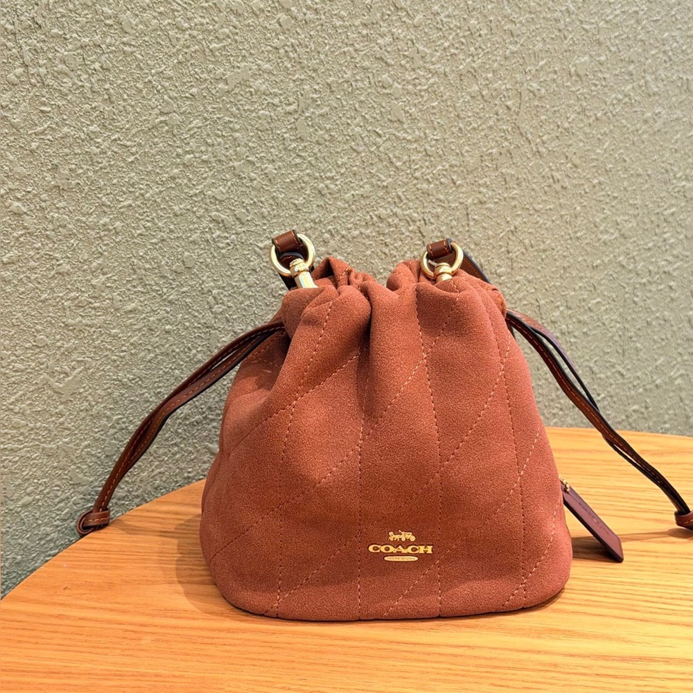 Coach Suede Mini Drawstring Bucket Bag in Rust Brown